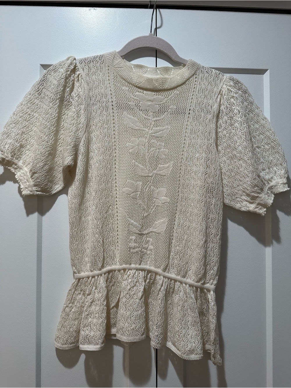 Cream Knit Floral Panel Peplum Top